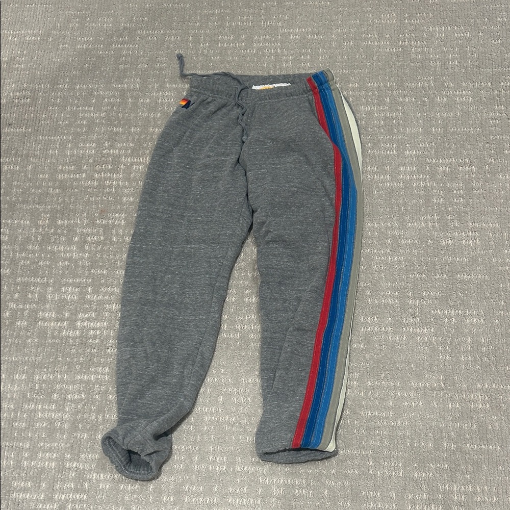 Aviator Nation Gray Joggers with Red, Blue, and White Stripes